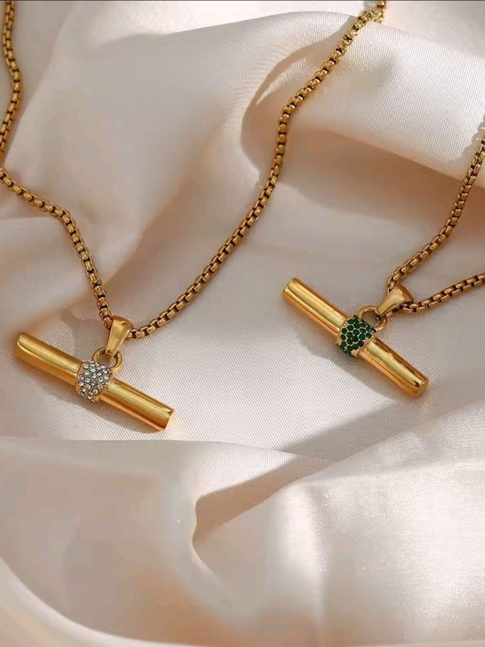 Gold Bar Pendant Necklace with Green Accent - Picture 6 of 14